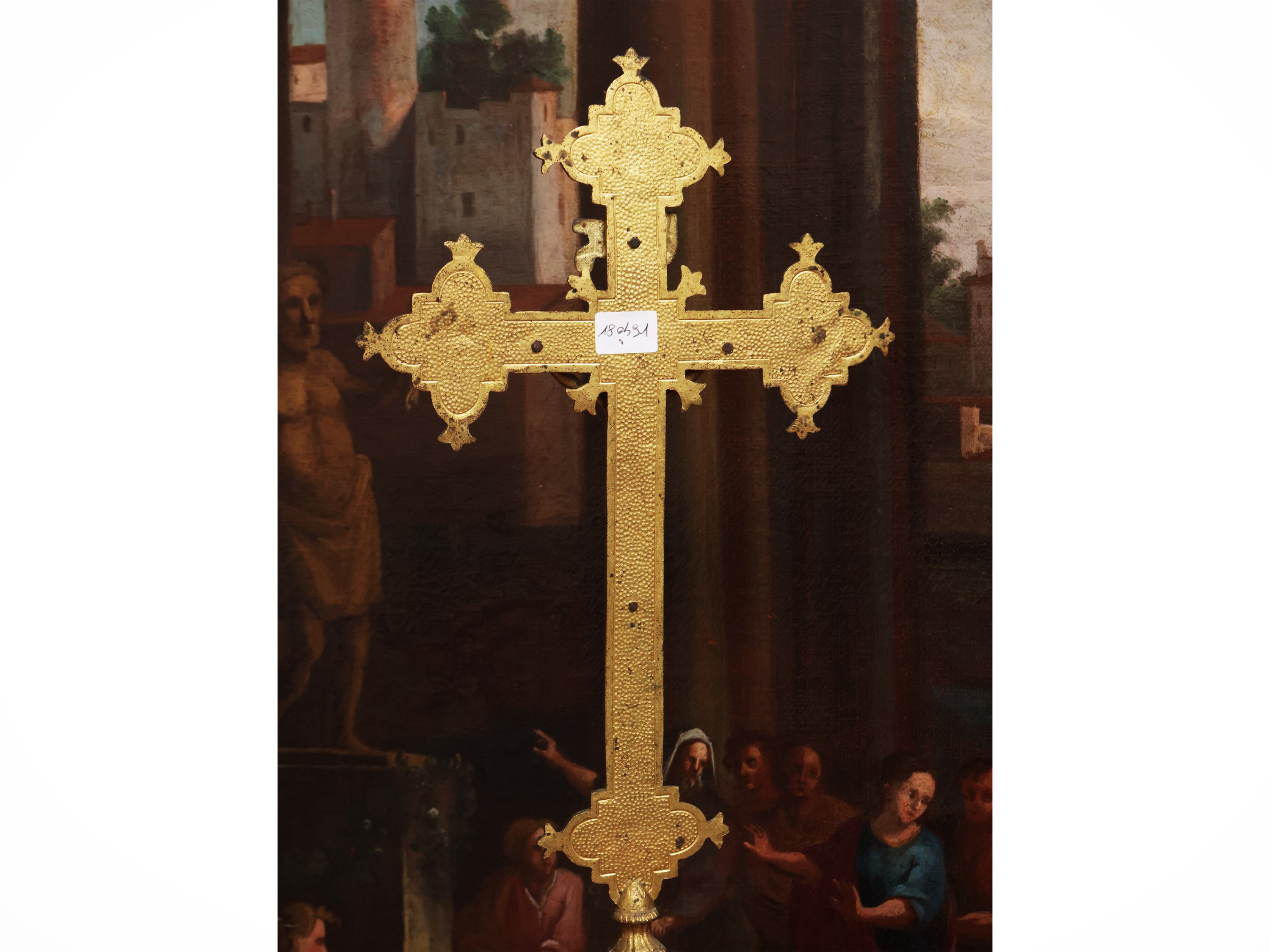 Crocifisso astile da altare, metallo dorato, XIX secolo