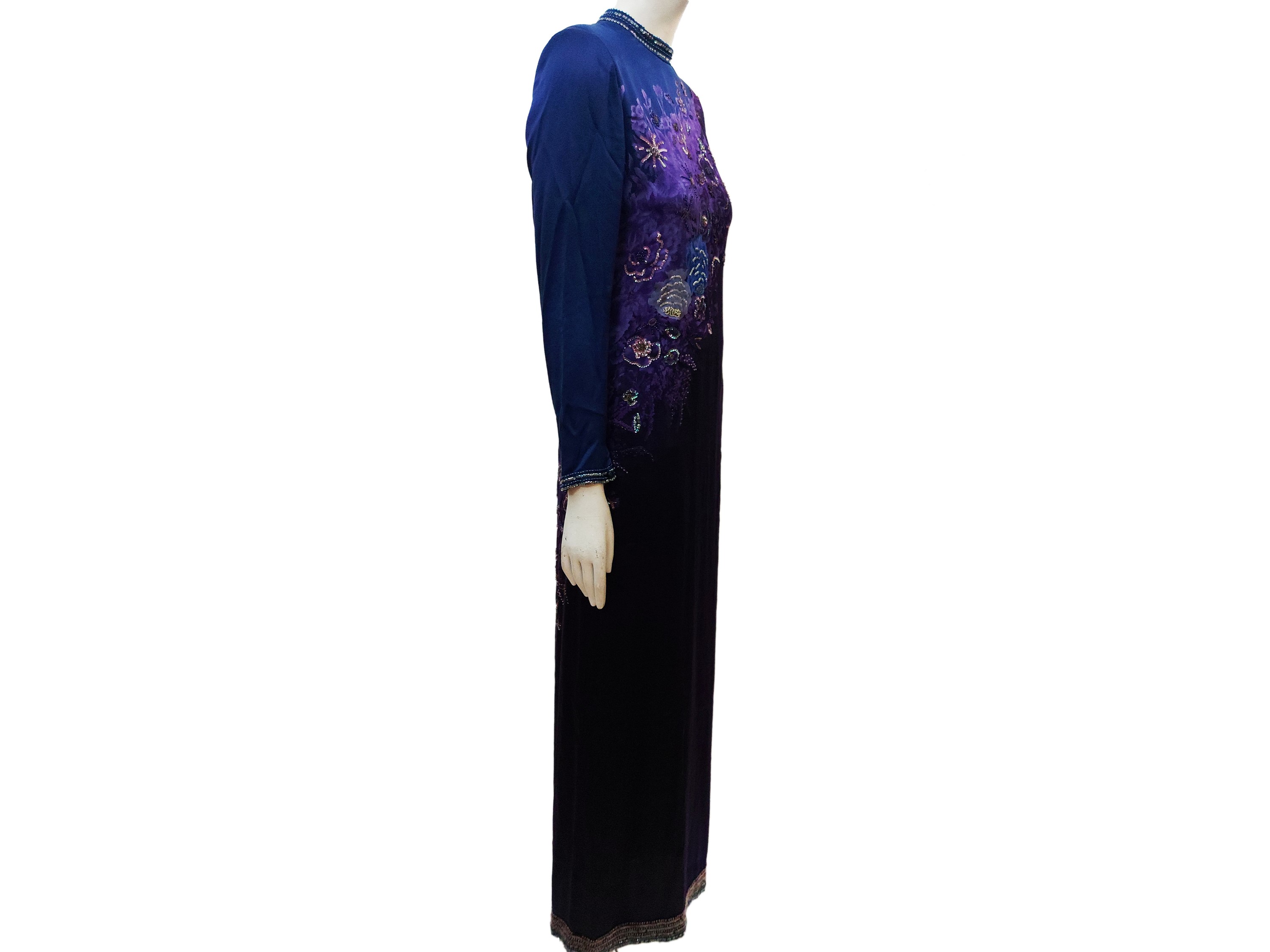 Abito lungo da sera in raso di seta blu Cina e viola