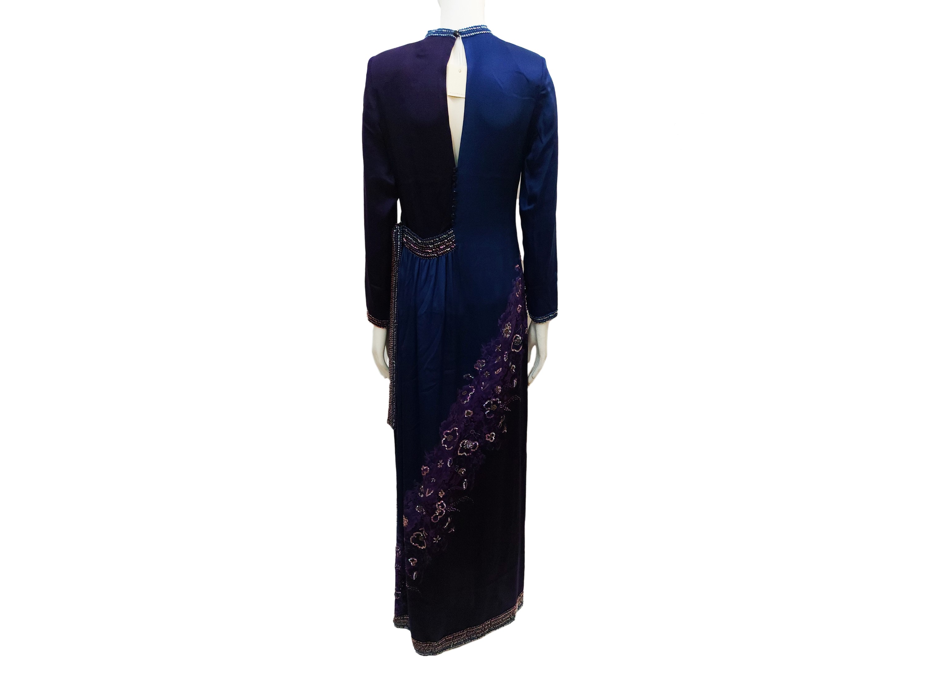 Abito lungo da sera in raso di seta blu Cina e viola