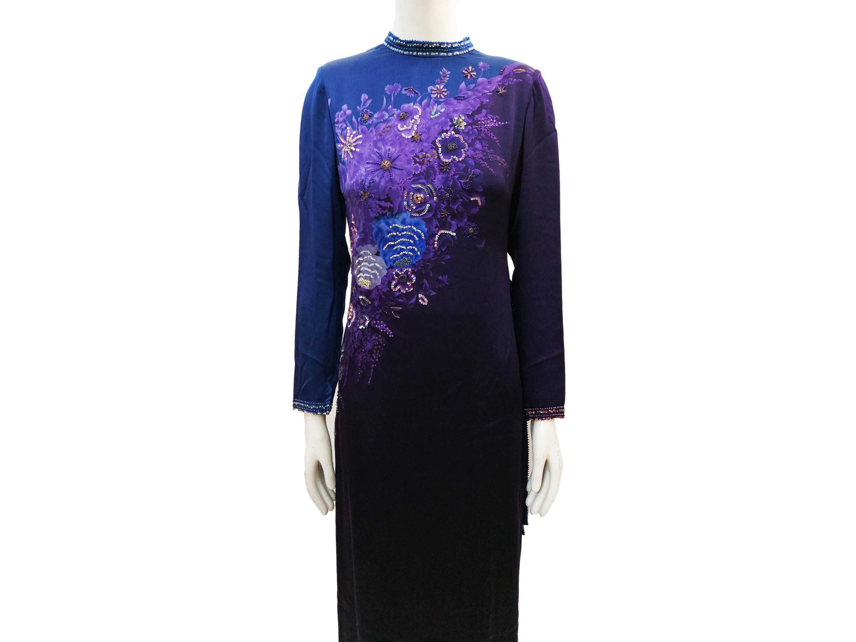 Abito lungo da sera in raso di seta blu Cina e viola