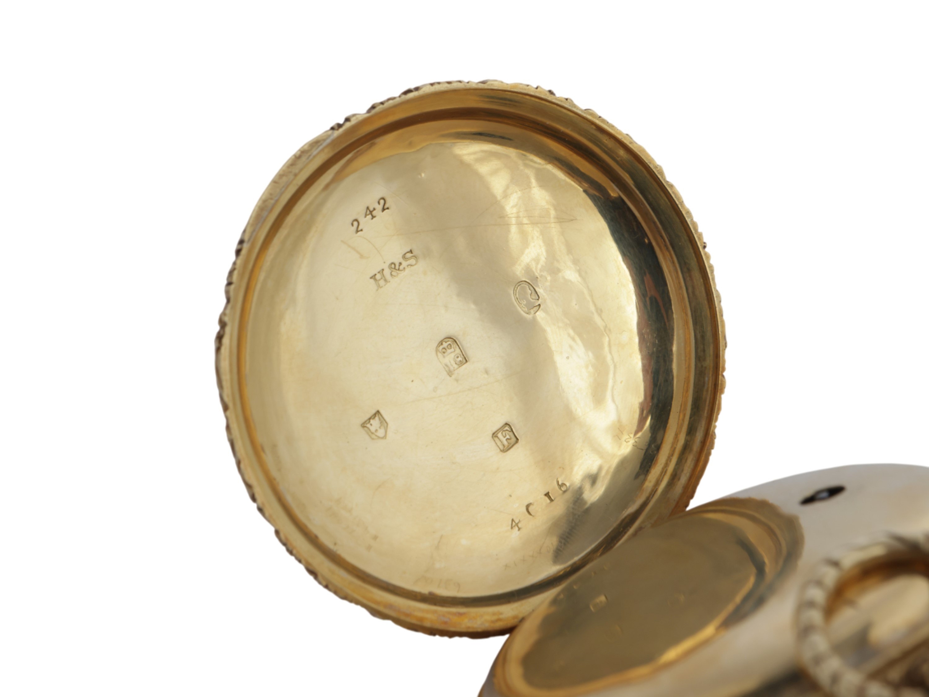 Orologio da tasca in oro giallo, Londra, 1801, movimento meccanico con cassa cesellata