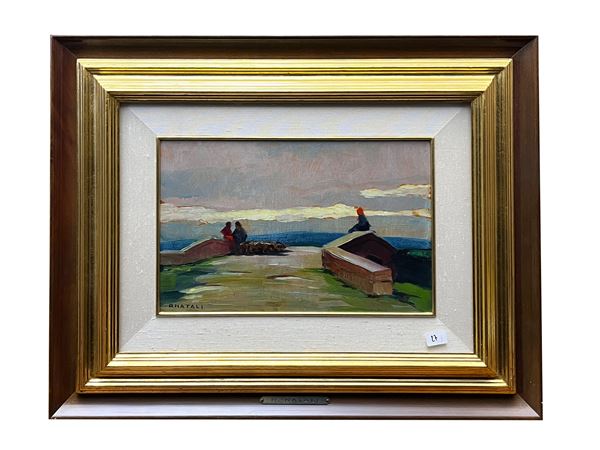Renato Natali - Paesaggio con ponte e personaggi