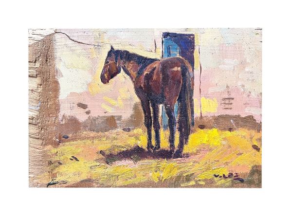 Angiolo Volpe : Interno di stalla con cavallo  - Asta Arte Moderna e Contemporanea - Maison Bibelot - Casa d'Aste Firenze - Milano