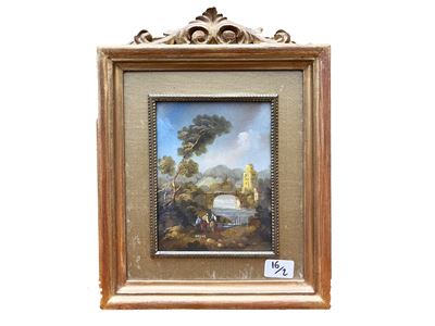 Paesaggi fluviali con vedute di castelli e personaggi, coppia di miniature dipinte