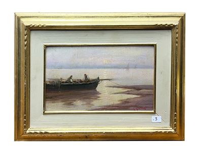 Marina con barca e pescatori, olio su tavoletta