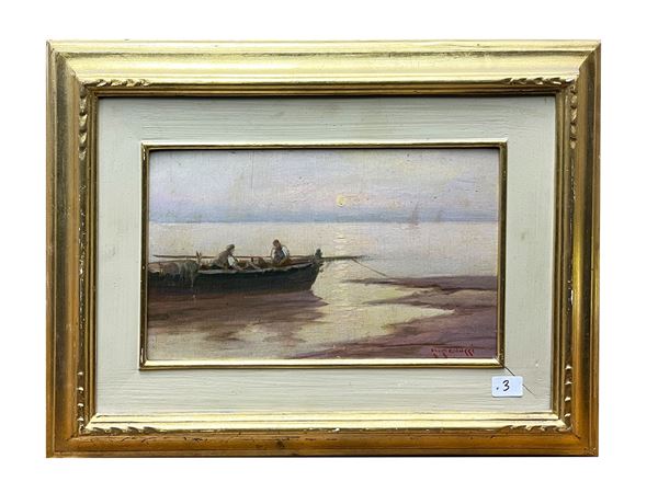 Renuccio Renucci : Marina con barca e pescatori  - Asta Arte Moderna e Contemporanea - Maison Bibelot - Casa d'Aste Firenze - Milano