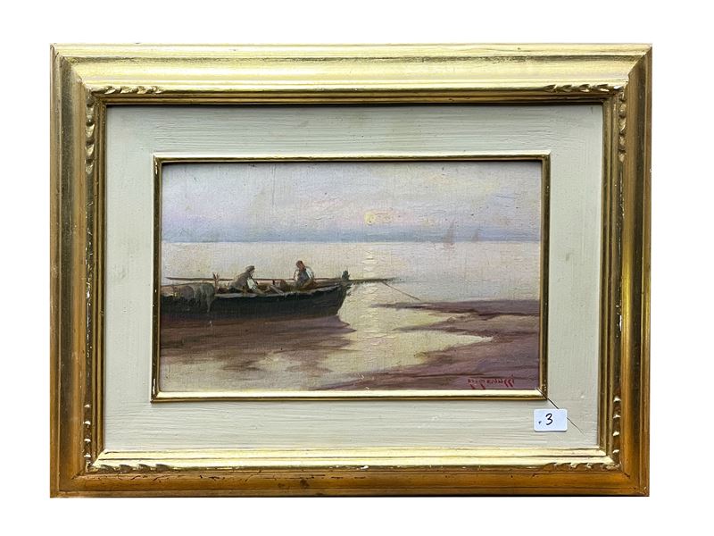 Renuccio Renucci - Marina con barca e pescatori, olio su tavoletta