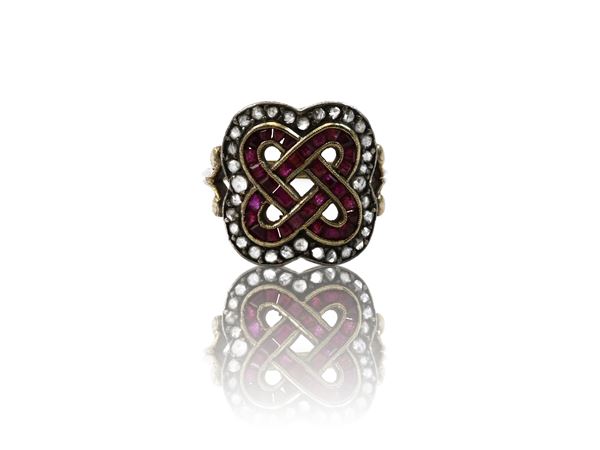 Yellow gold and silver ring with diamonds and rubies