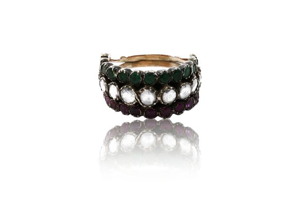 Triple rivière ring in low title gold and silver with rose-cut diamonds, rubies and emeralds