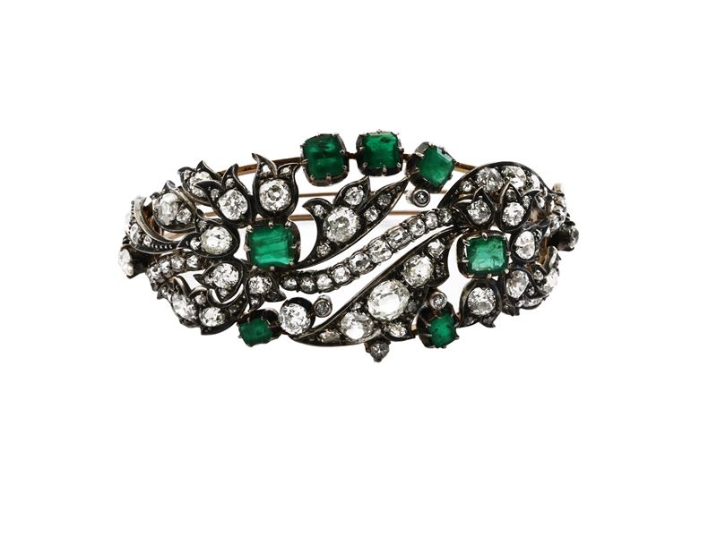 Bracciale rigido in oro giallo e argento con smeraldi e diamanti