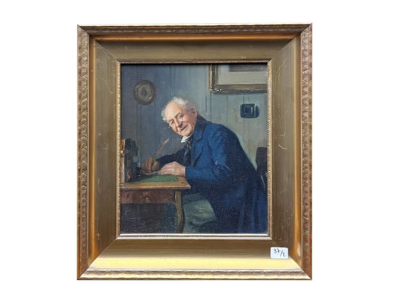 Max Barascudts - Scene d'interno con personaggi maschili, olio su tavoletta