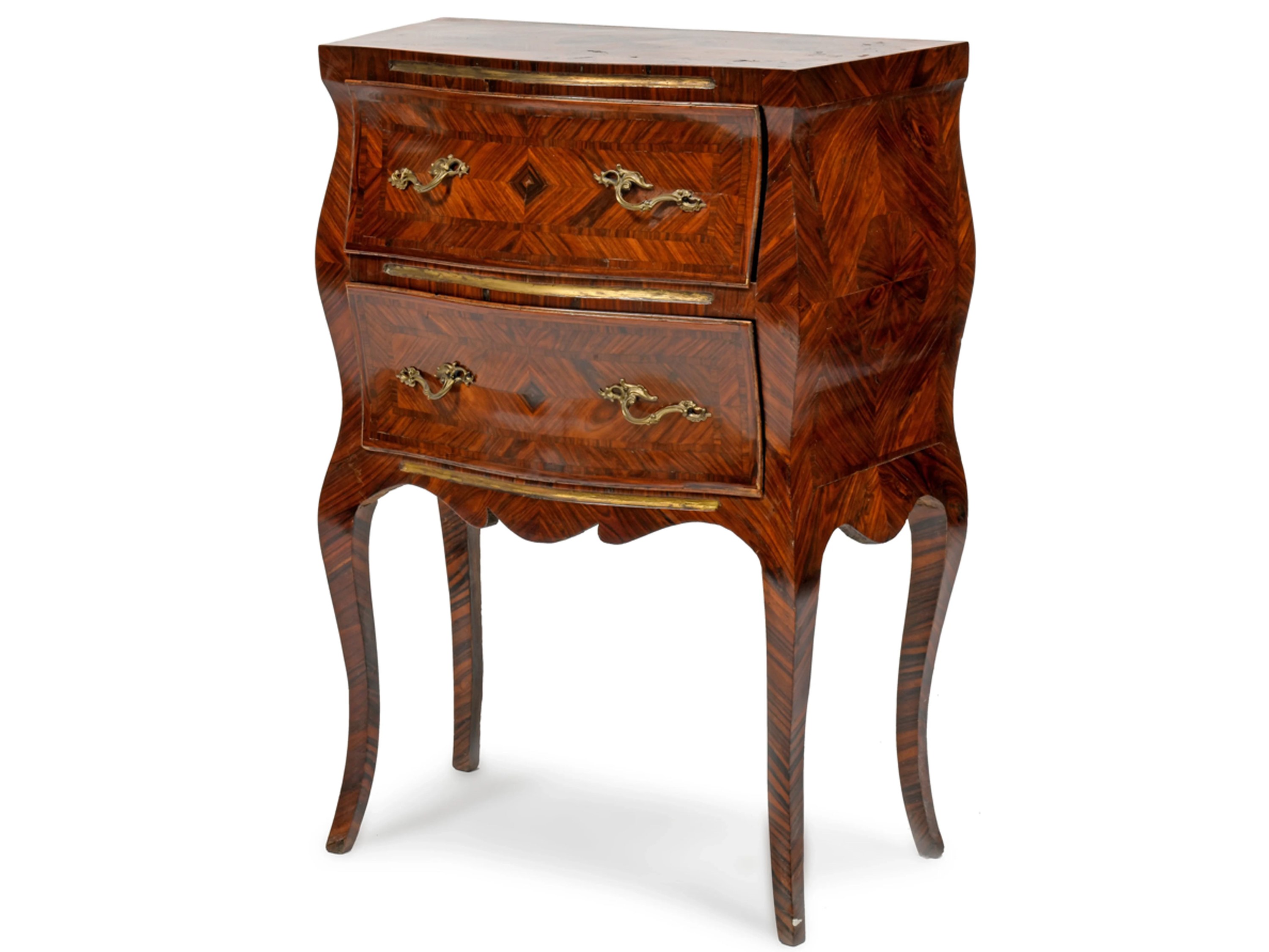 Comodino impiallacciato in mogano ed altre essenze