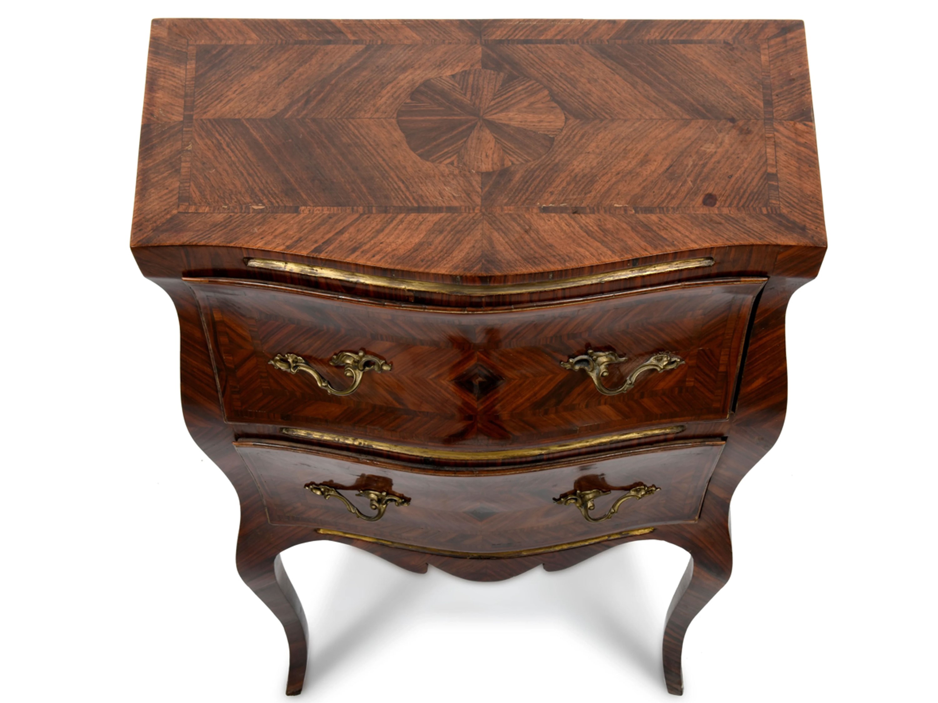 Comodino impiallacciato in mogano ed altre essenze