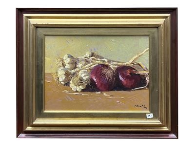 Natura in silenzio con cipolle, olio su tavoletta
