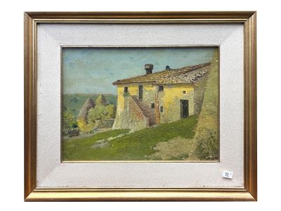 Paesaggio toscano con veduta di casolare, olio su tavoletta