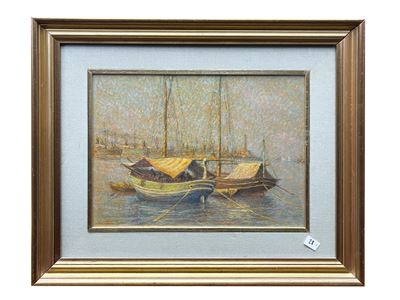 Tartane in porto (Livorno d'altri tempi), olio su tavoletta, 1967