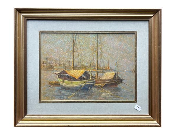 Adriano Baracchini Caputi - Tartane in porto (Livorno d'altri tempi) 1967