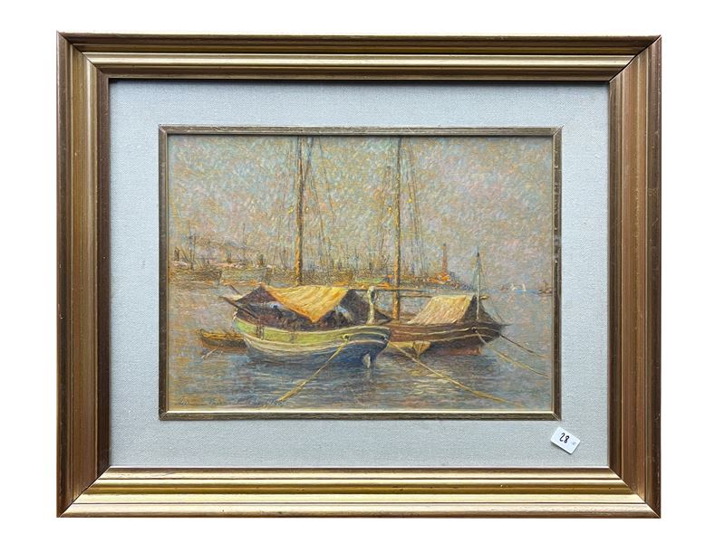 Adriano Baracchini Caputi - Tartane in porto (Livorno d'altri tempi), olio su tavoletta, 1967