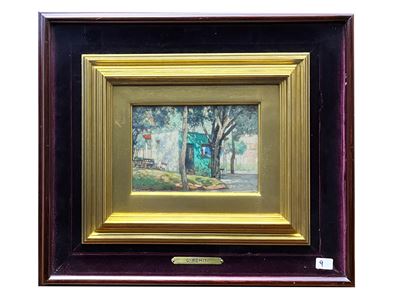 Paesaggio con casa verde, olio su faesite, 1956