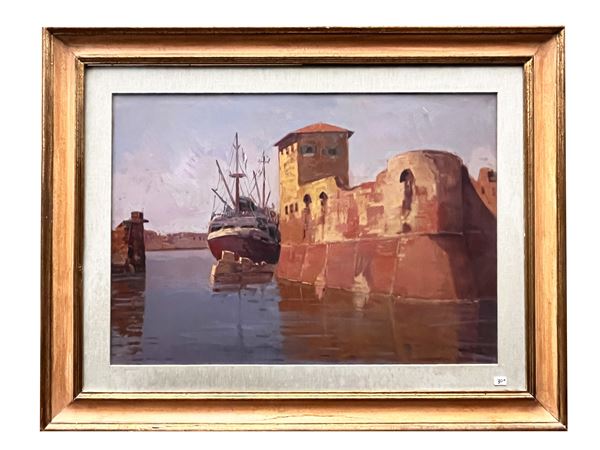 Angiolo Volpe : Ingresso al Porto Mediceo Livorno  - Asta Arte Moderna e Contemporanea - Maison Bibelot - Casa d'Aste Firenze - Milano
