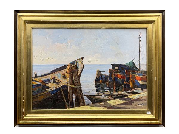 Angiolo Volpe - Sottomarina, barcone e chioggiotte alla fonda 1983