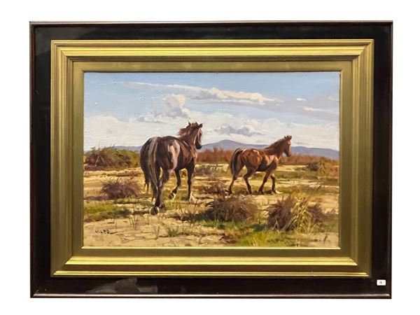 Angiolo Volpe : Cavalli presso Tombolo  - Asta Arte Moderna e Contemporanea - Maison Bibelot - Casa d'Aste Firenze - Milano
