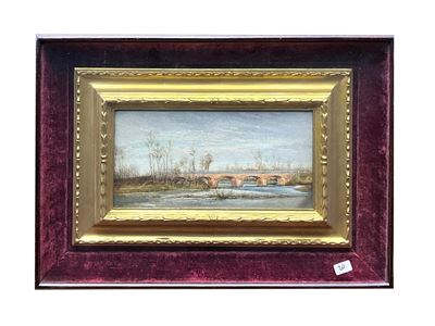 Paesaggio con ponte, olio su tavoletta
