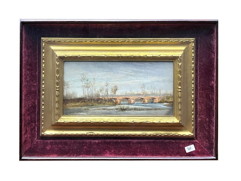 Scuola Toscana del XX Secolo - Paesaggio con ponte, olio su tavoletta