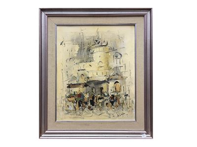 Veduta di Chiesa con personaggi, olio su tela