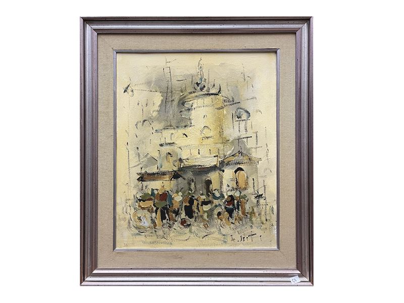 Alvaro Danti - Veduta di Chiesa con personaggi, olio su tela