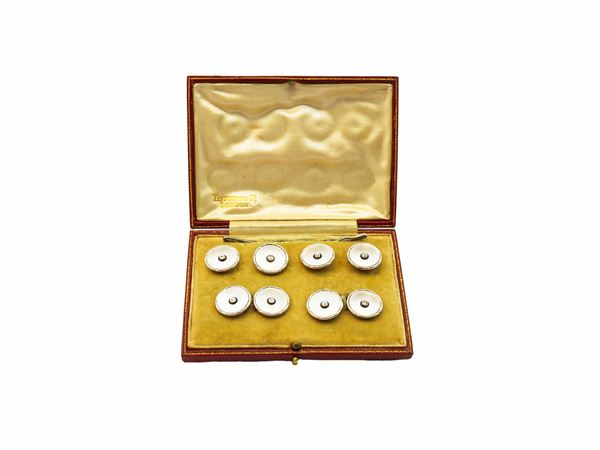 Set da sparato in oro giallo e platino con diamanti, onice e microperle