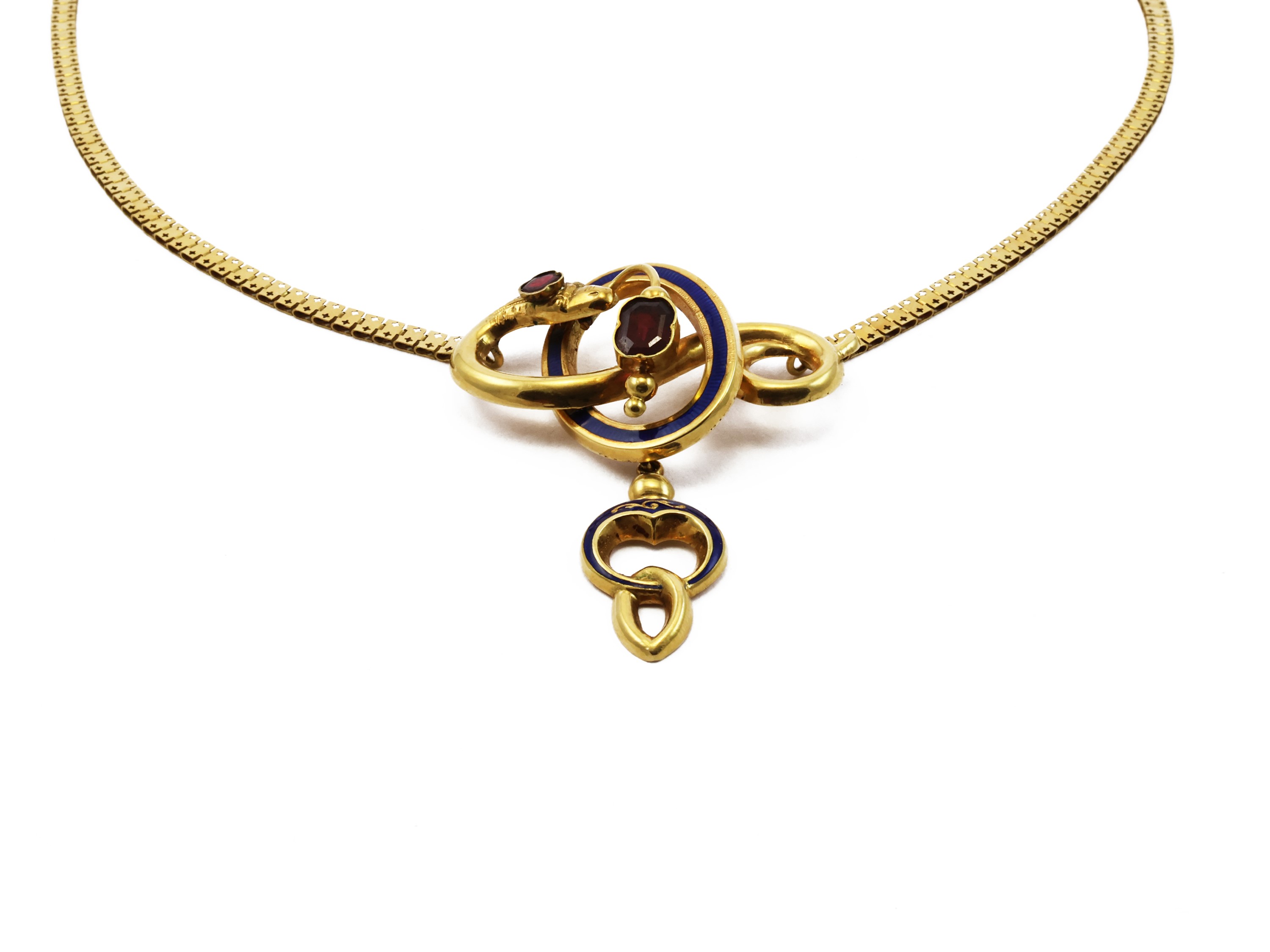 Parure Borbonica, spilla, collana e orecchini in oro e smalti con paste vitree