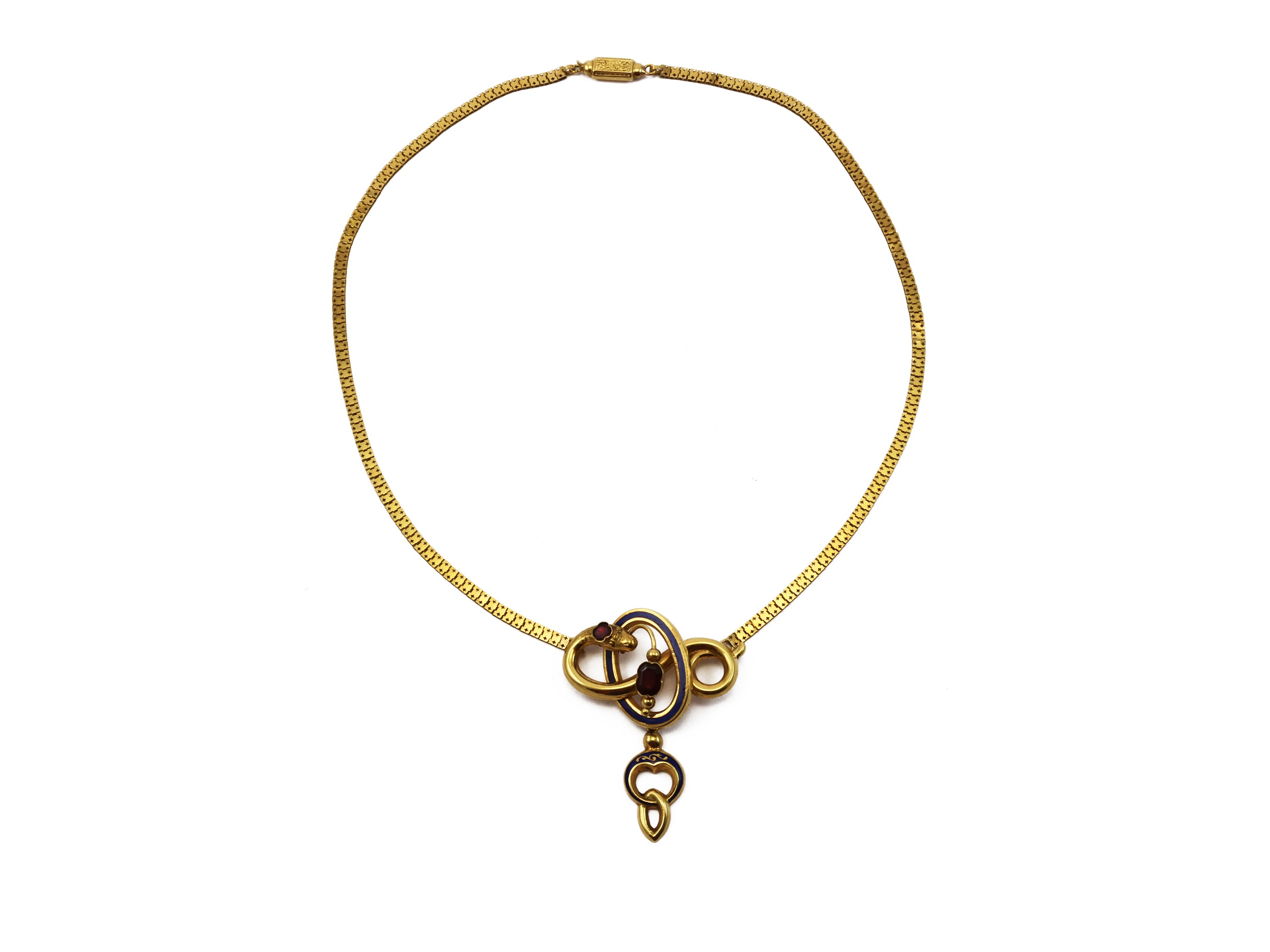 Parure Borbonica, spilla, collana e orecchini in oro e smalti con paste vitree