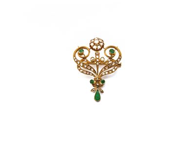 Spilla in stile liberty, oro giallo 18Kt con diamanti e smeraldi