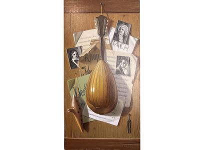 Trompe l'oeil con strumenti musicali, olio su faesite