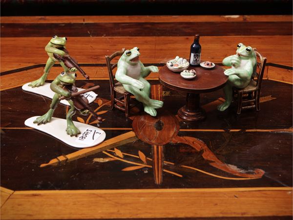 Three miniature groups in glazed ceramic