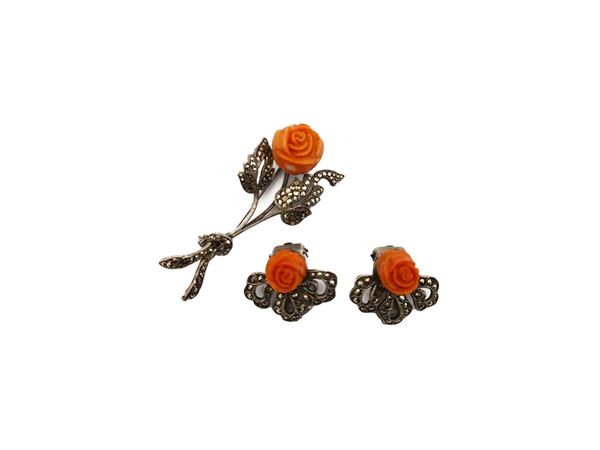 Vintage demi parure in silver and coral