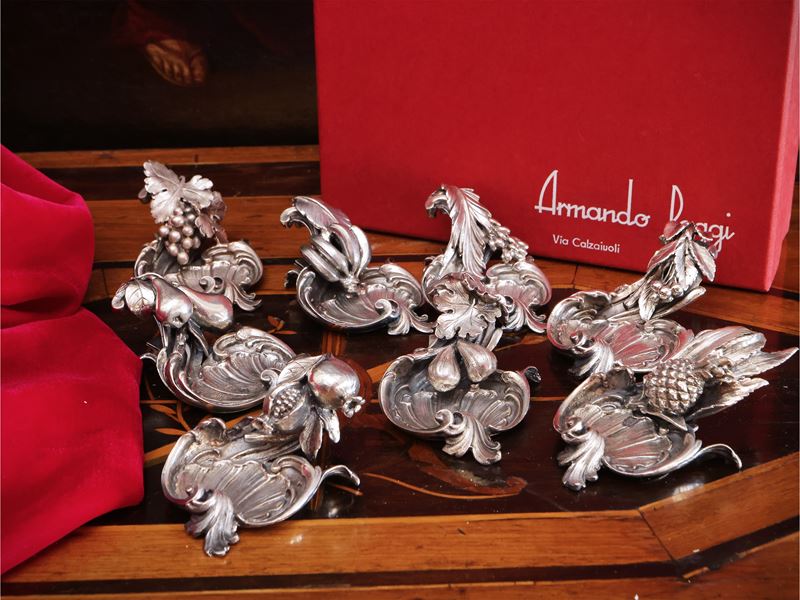 Serie di otto segnaposto in argento 925, Messulam Milano per Poggi Firenze