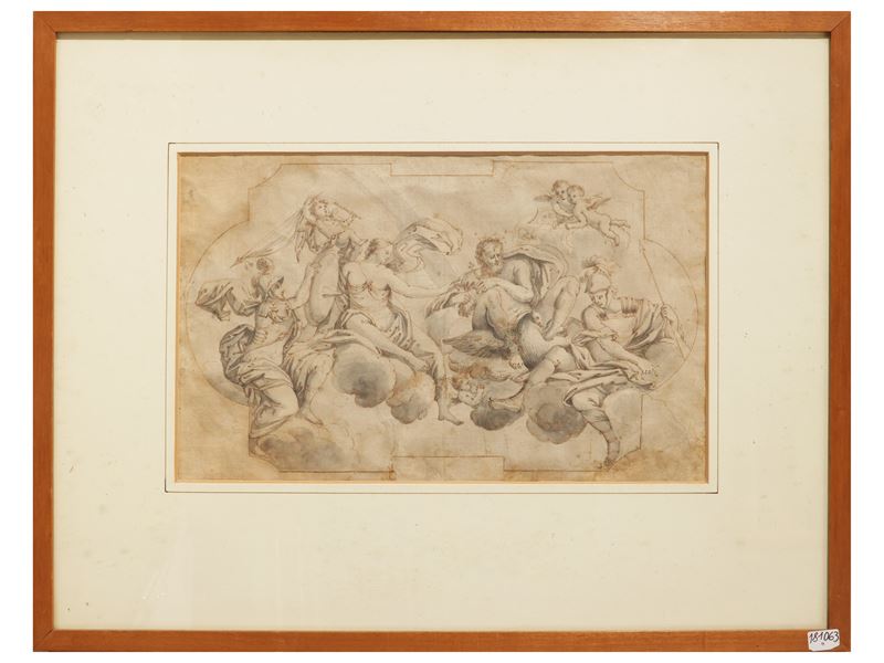Scuola Italiana del XVIII Secolo - Era e Zeus sull'Olimpo, inchiostro e acquerello su carta