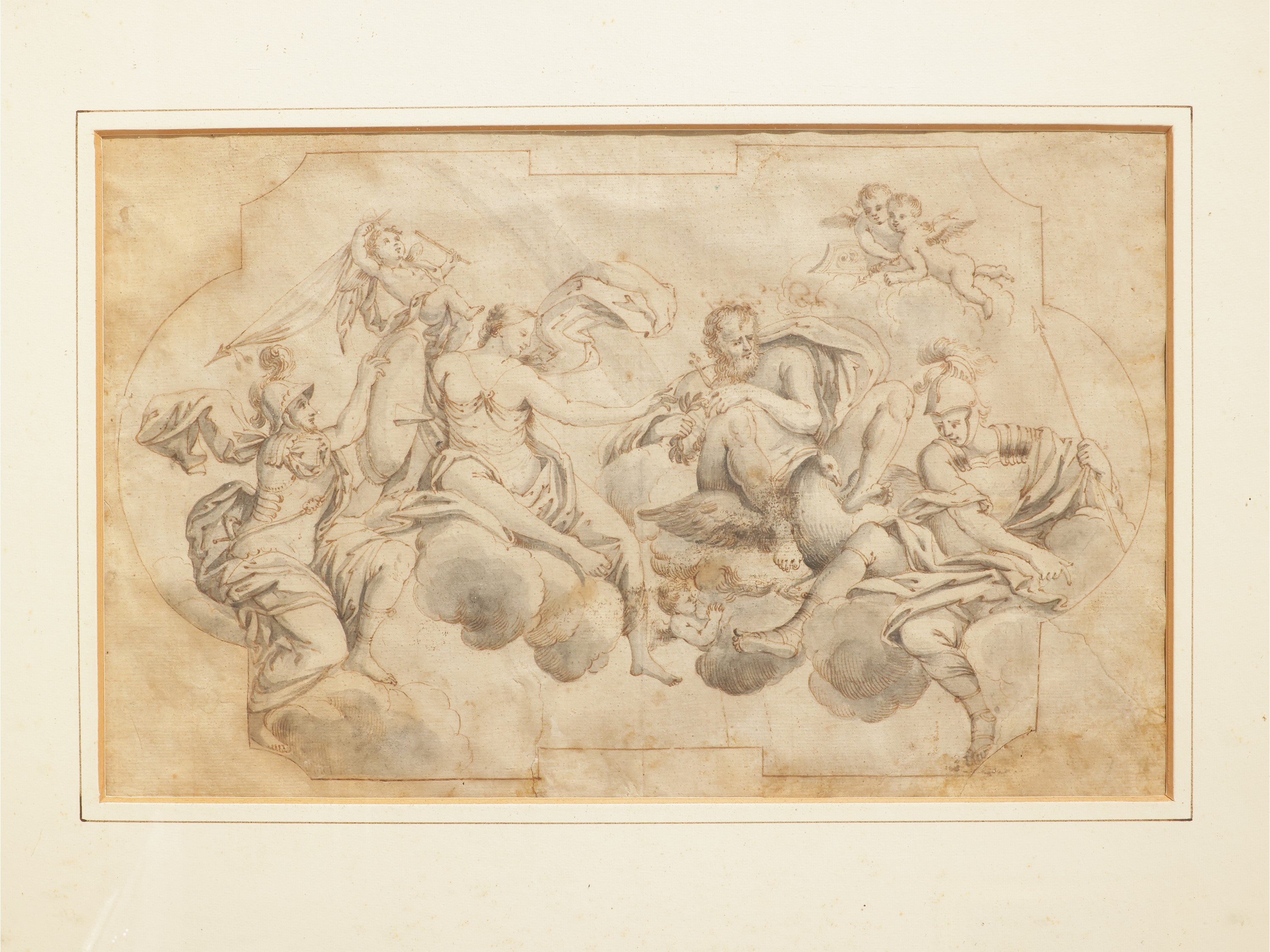 Scuola Italiana del XVIII Secolo - Era e Zeus sull'Olimpo, inchiostro e acquerello su carta