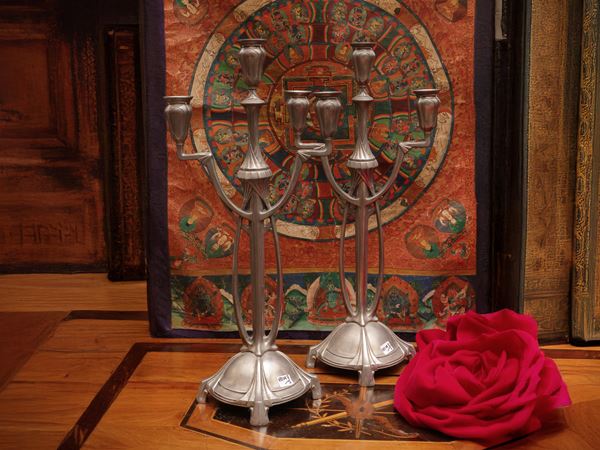 Pair of tall Art Nouveau pewter candelabras