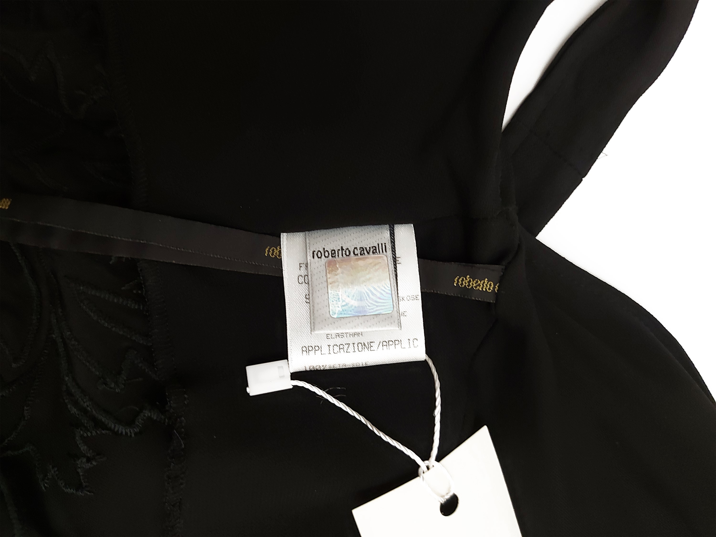 Roberto Cavalli, Abito lungo da sera in viscosa nera con applicazioni floreali