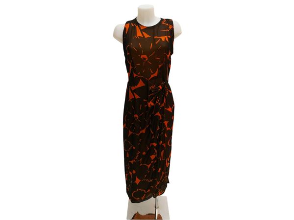 Abito in chiffon fantasia marrone e arancio
