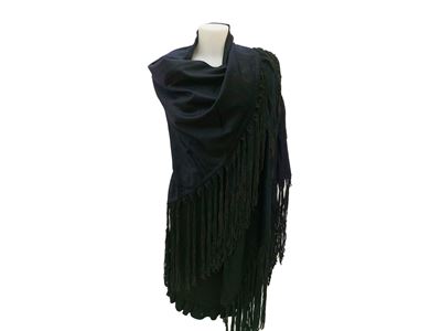Scialle in Cachemire Blu con Lunghe Frange in Suede
