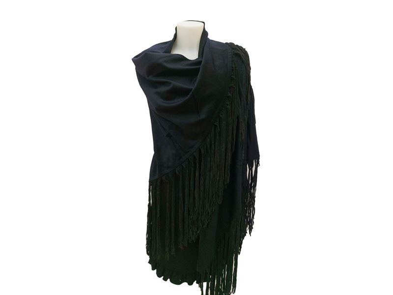 Scialle in Cachemire Blu con Lunghe Frange in Suede