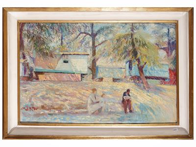 Scorcio di giardino con figure, olio su tela