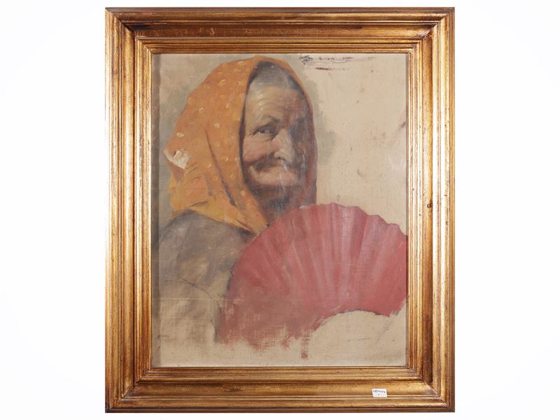 Garibaldo Cepparelli - Ritratto di anziana con ventaglio, olio su tela