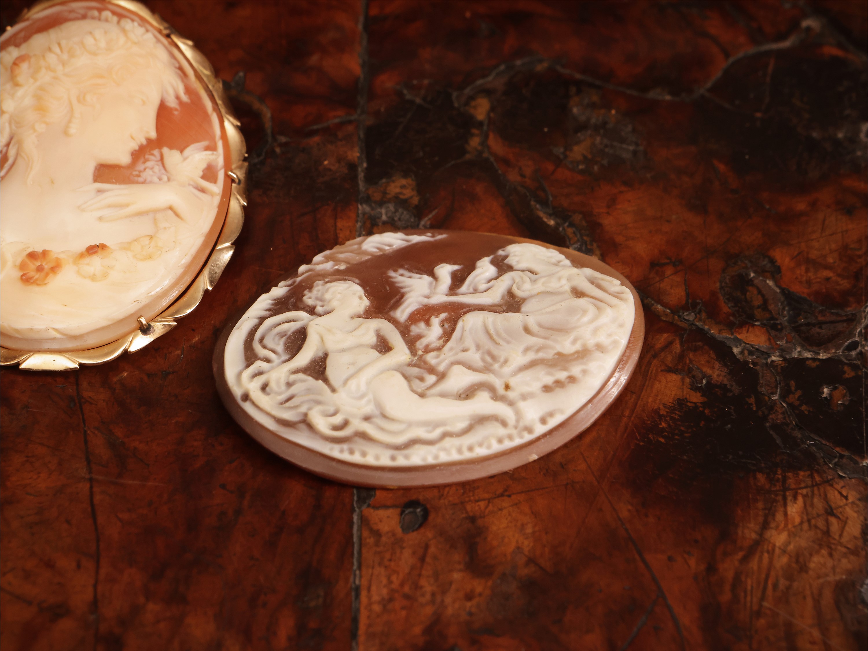 Spilla-pendente con cammeo in conchiglia e oro 14 Kt