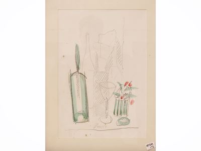 Nature morte, doppio disegno a matita e acquarello su carta