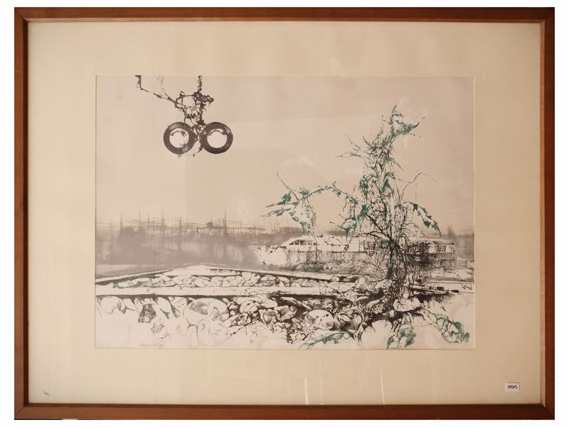 Renzo Vespignani - Parco ferroviario, litografia del 1969